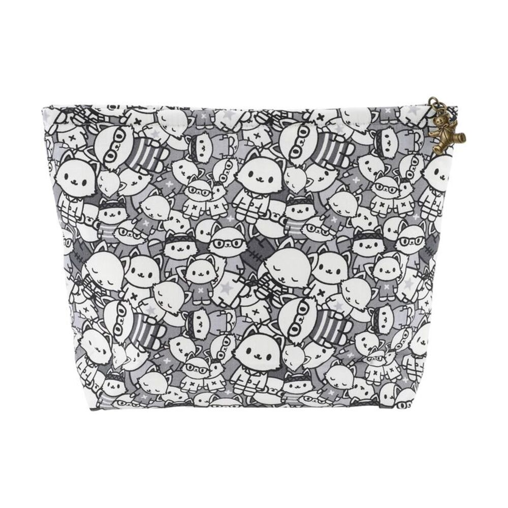 Cartoon Cats Large Cosmetic Bag for Outdoor Activities Gym Gray White